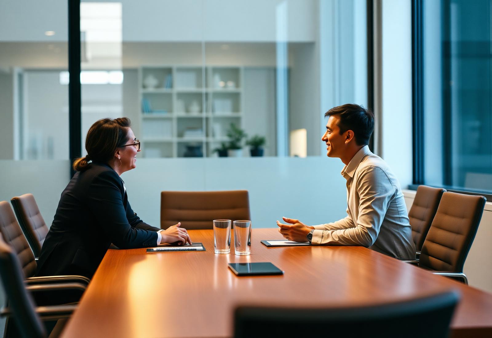 Two executives in conversation across a boardroom table